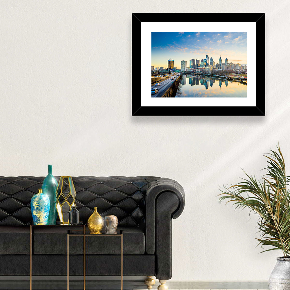 Philadelphia Skyline at Dusk Wall Art in a room, landscape