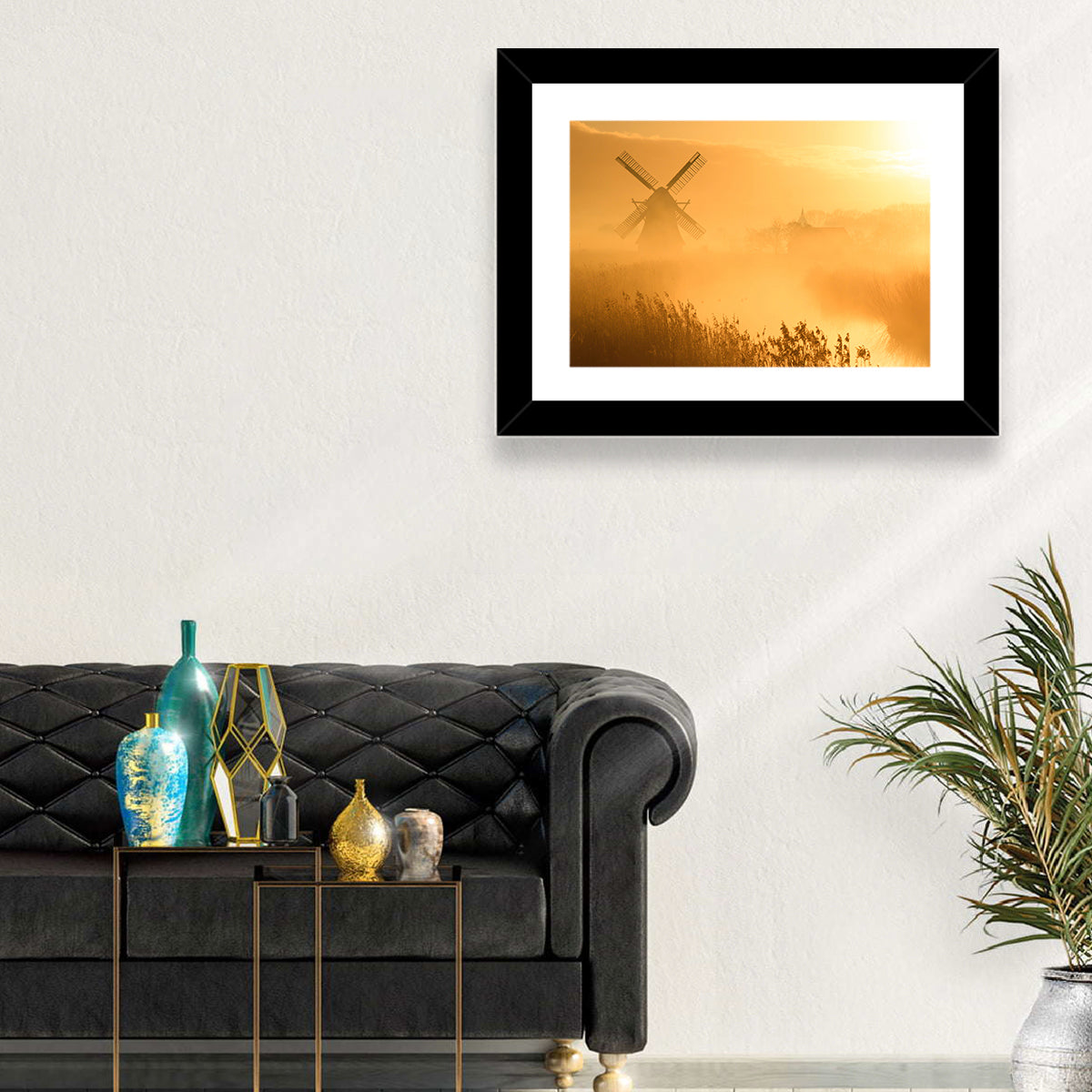 Golden Dutch Windmill Sunrise Wall Art in a room, landscape