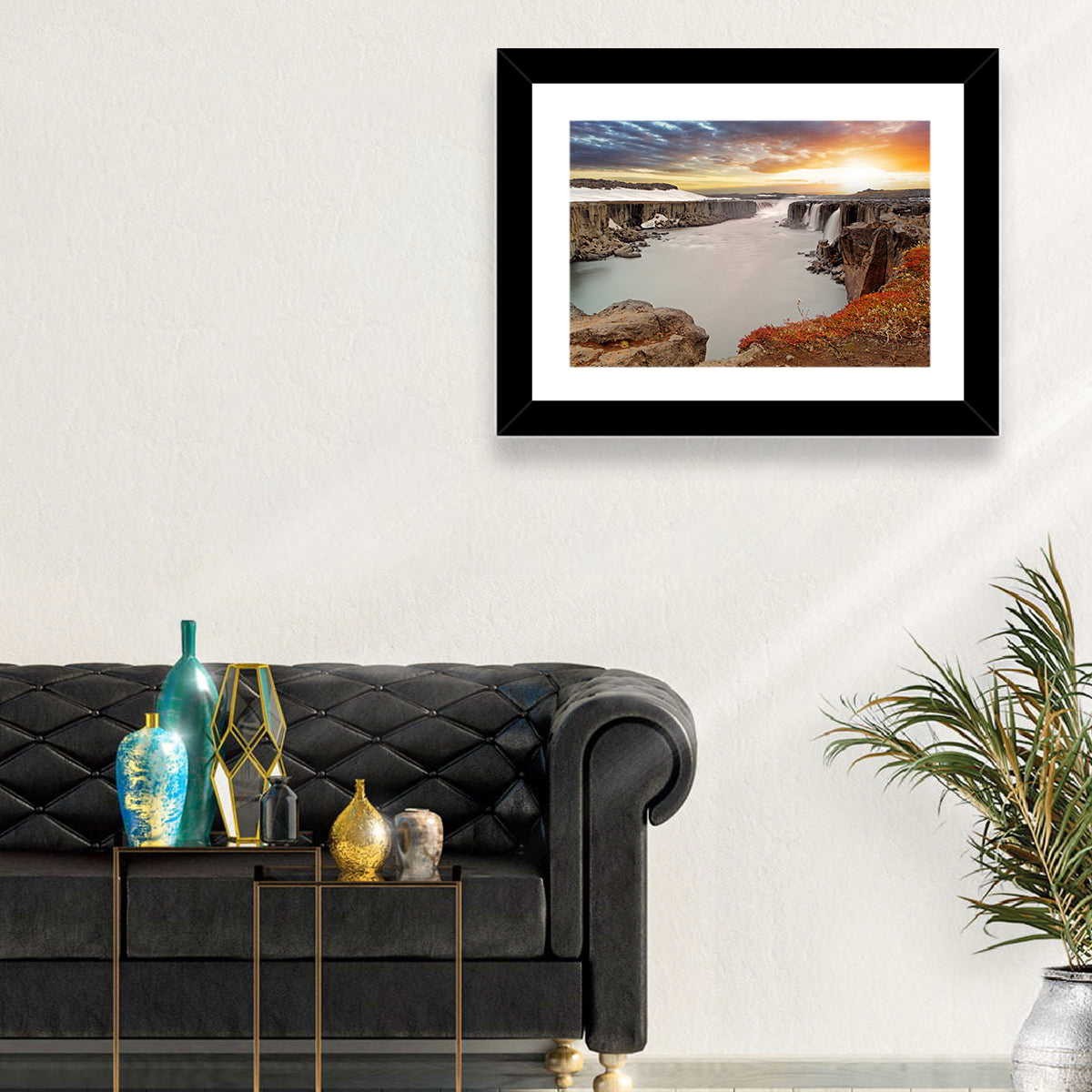 Selfoss Waterfall at Sunset Wall Art in a room, landscape
