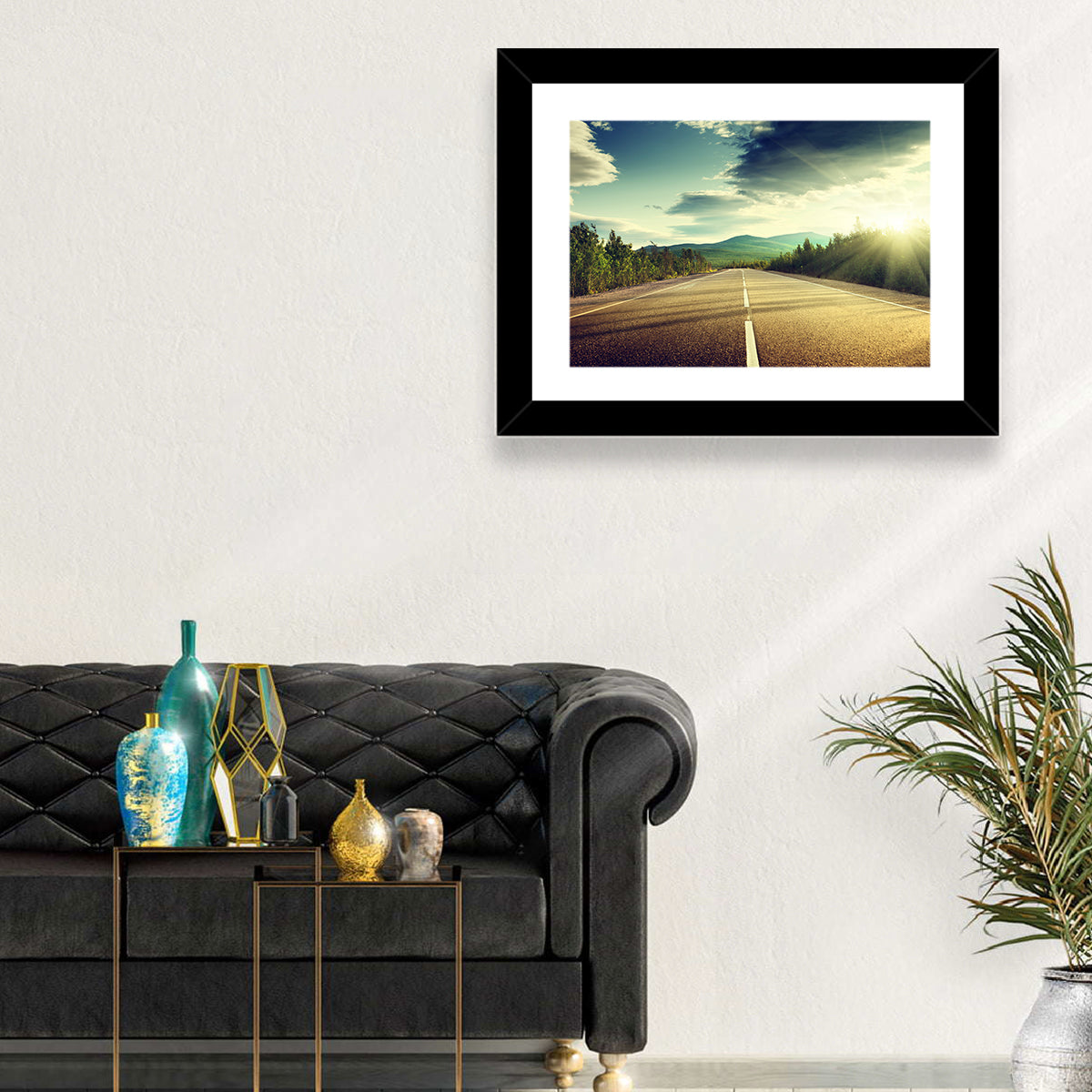 Sunlit Asphalt Road Wall Art in a room, landscape
