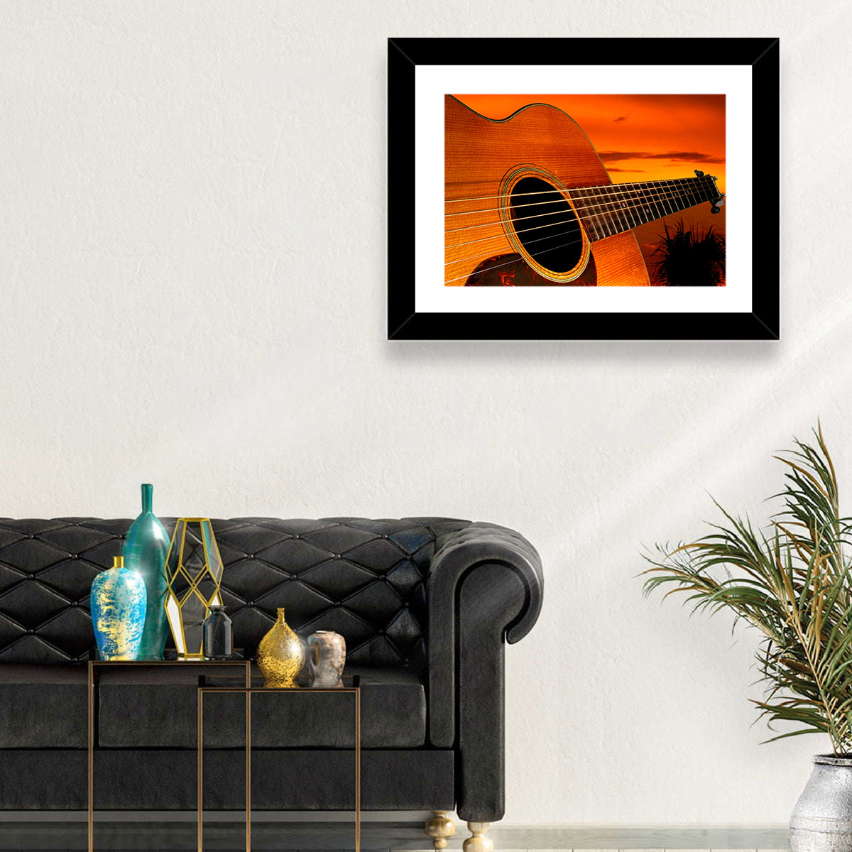 Sunset Acoustic Guitar Silhouette Wall Art in a room, landscape