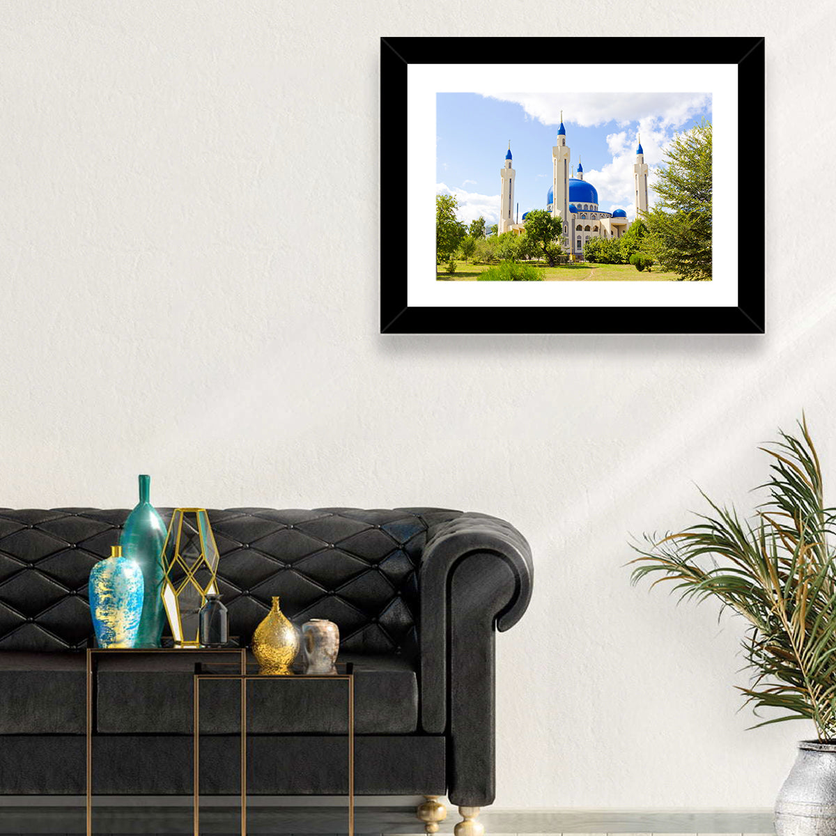 Blue Domed Mosque with Golden Minarets Wall Art in a room, landscape
