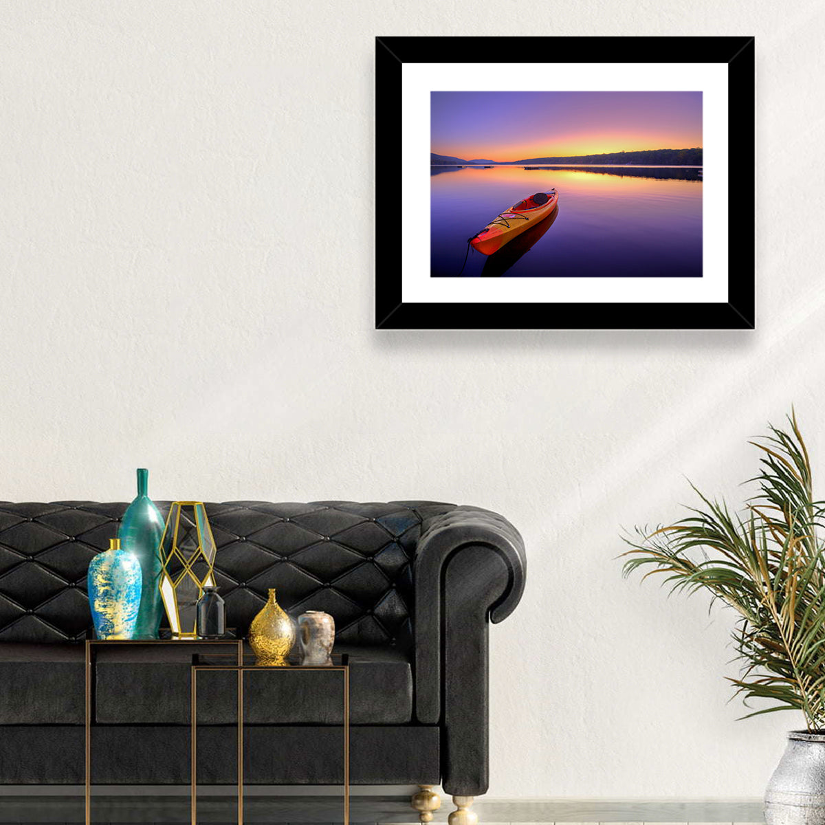 Bright Orange Kayak at Sunset Wall Art in a room, landscape