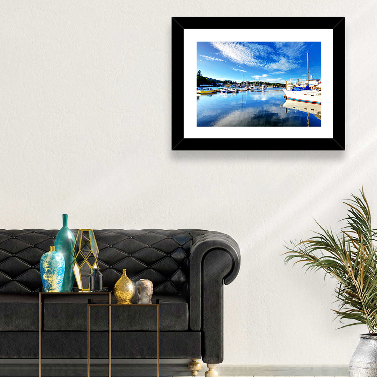 Tacoma Marina Reflections Wall Art in a room, landscape
