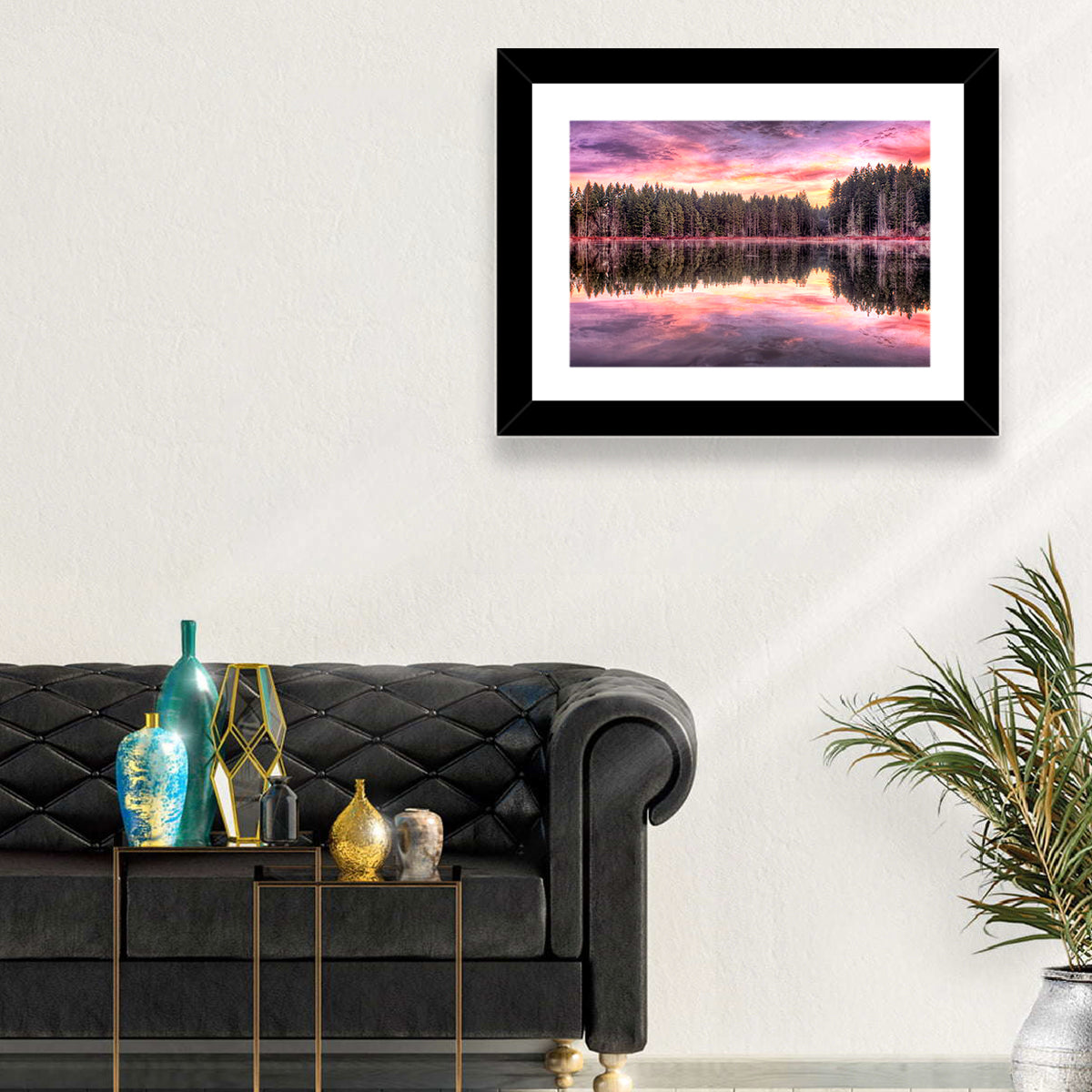 Sunrise Reflection at Forest Lake Wall Art in a room, landscape