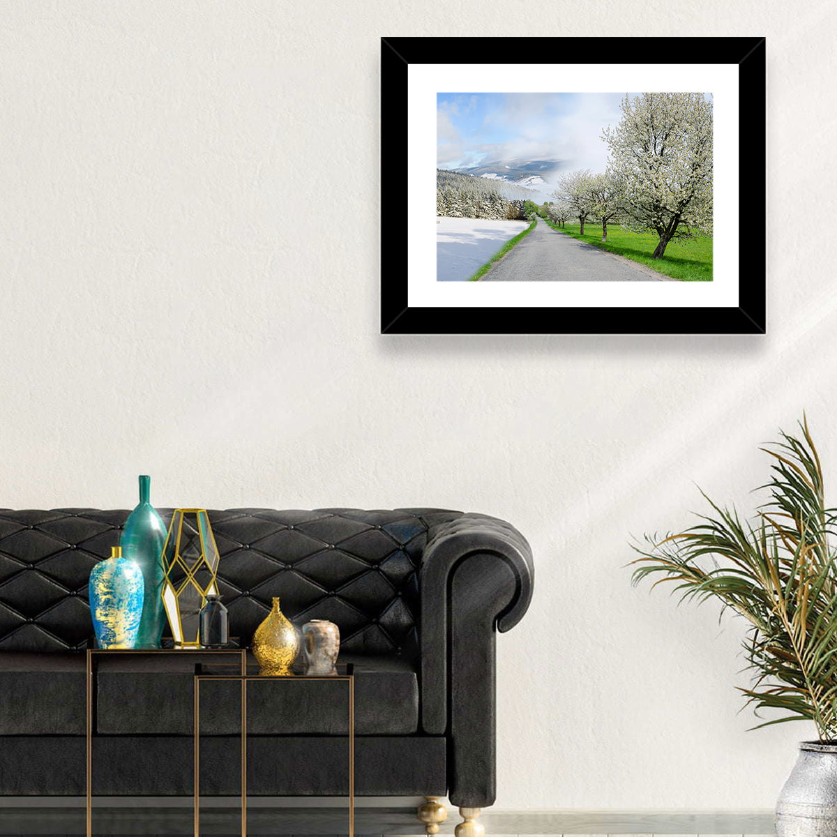 Season Change Road to Snowy Mountain Wall Art in a room, landscape
