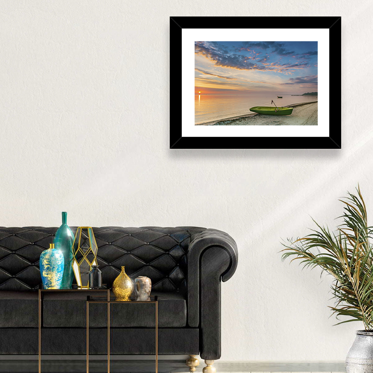 Green Rowboat at Sunrise Wall Art in a room, landscape