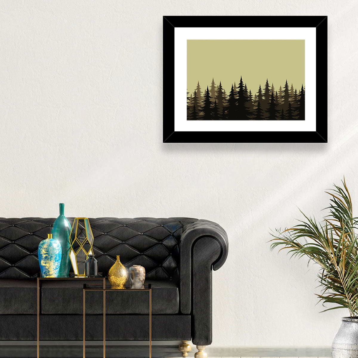 Fir Tree Silhouettes Wall Art in a room, landscape
