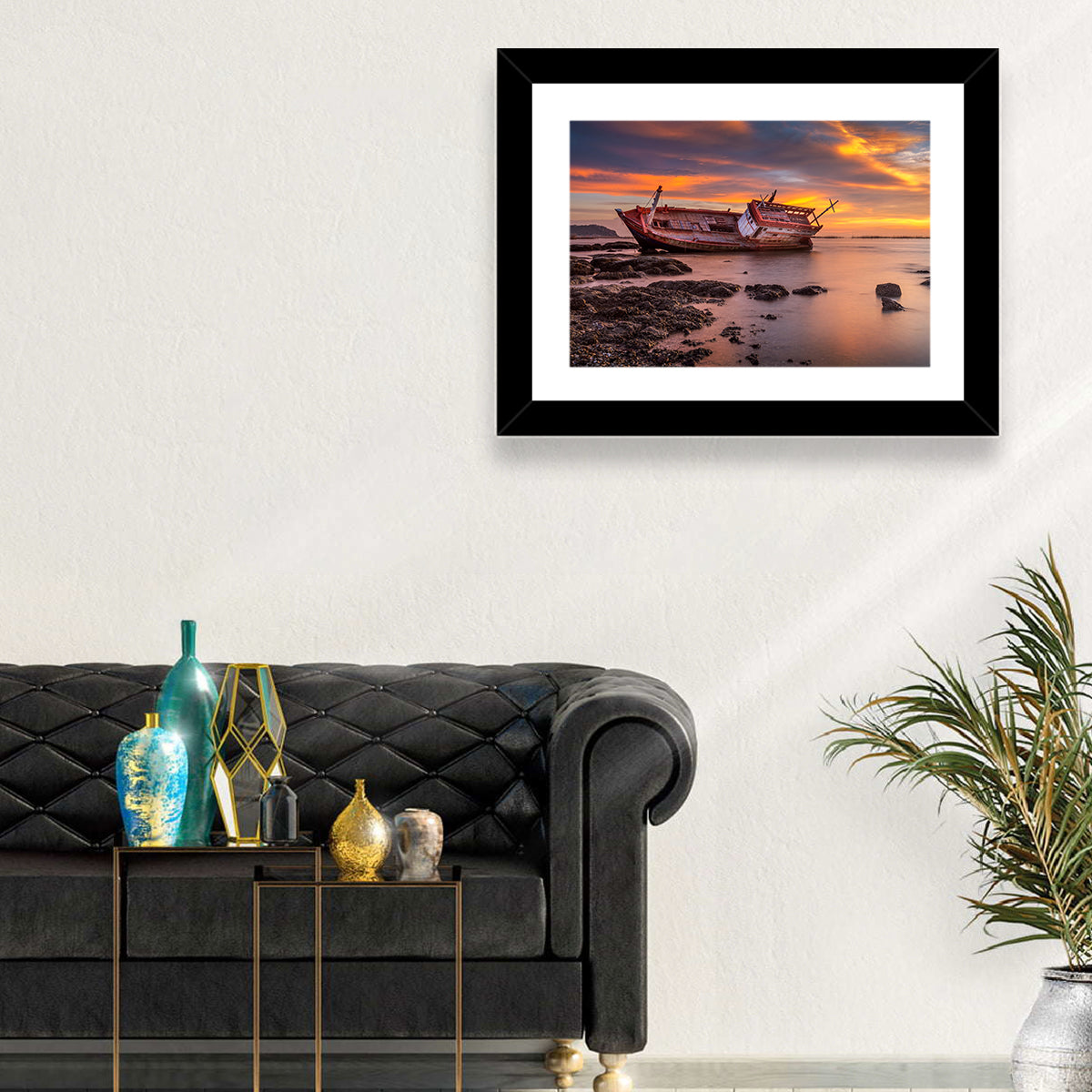 Shipwreck at Sunset Wall Art in a room, landscape