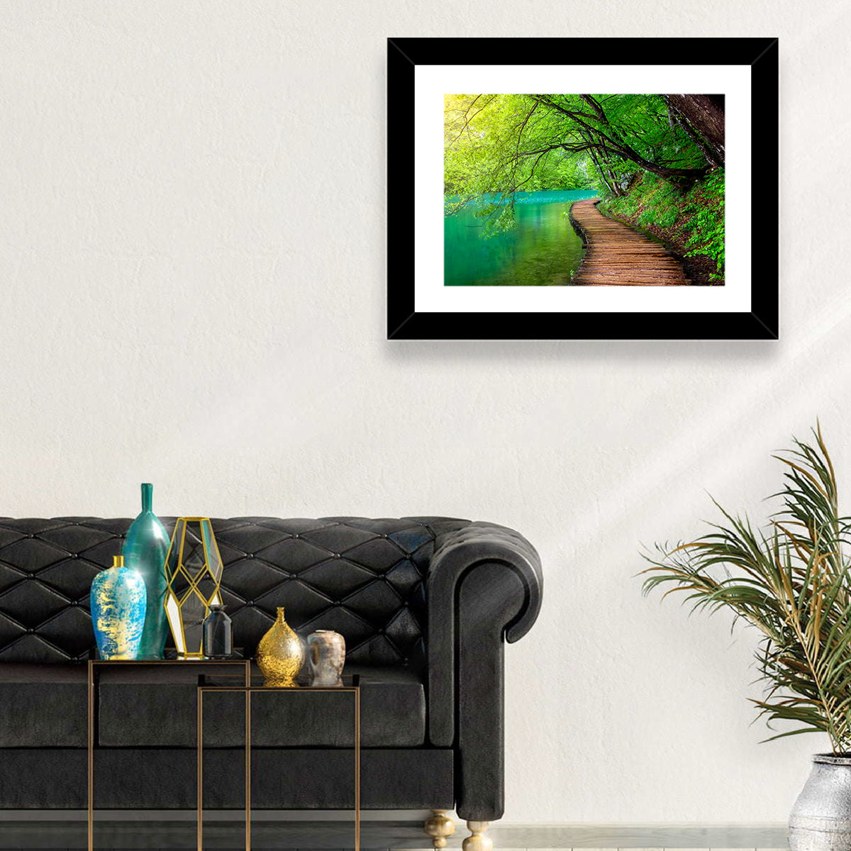 Plitvice Lakes Boardwalk Wall Art in a room, landscape