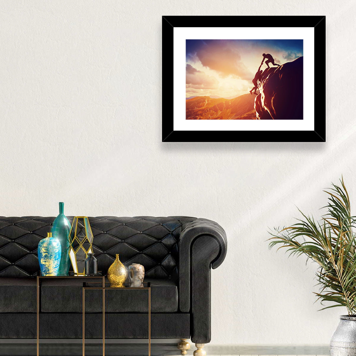 Two Hikers Summit Assist at Sunset Wall Art