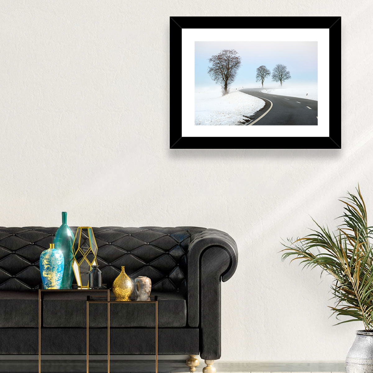 Foggy Winter Road Wall Art in a room, landscape