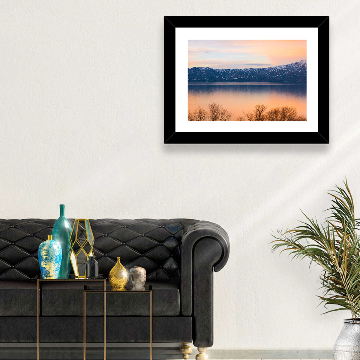 Lake Sevan Golden Dusk Wall Art in a room, landscape