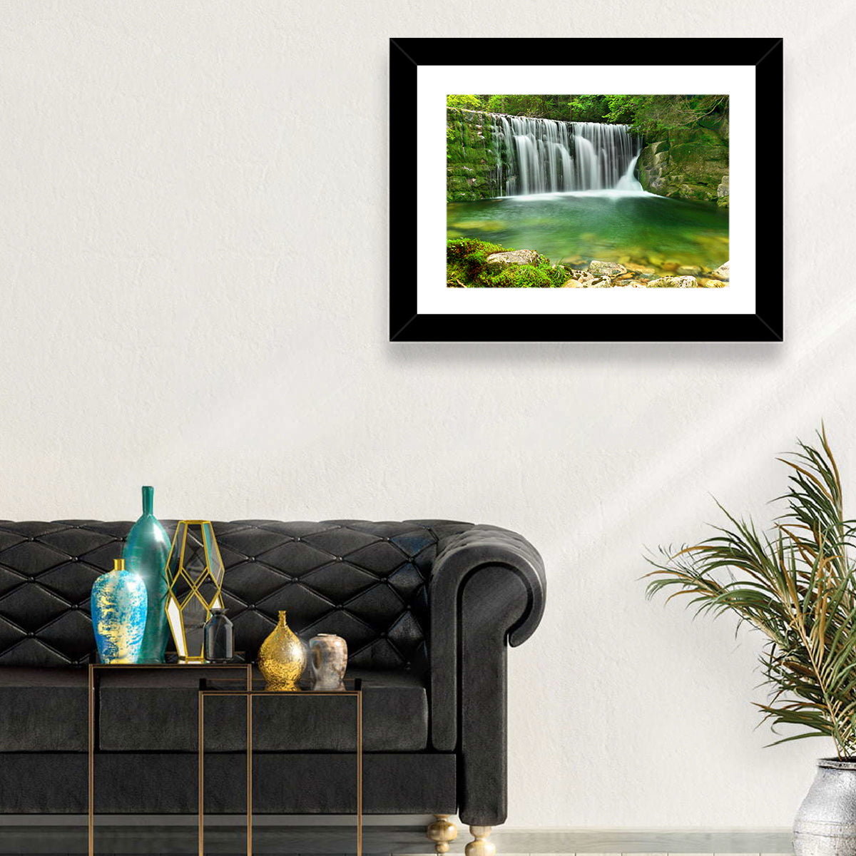 Emerald Lake Cascade Wall Art in a room, landscape