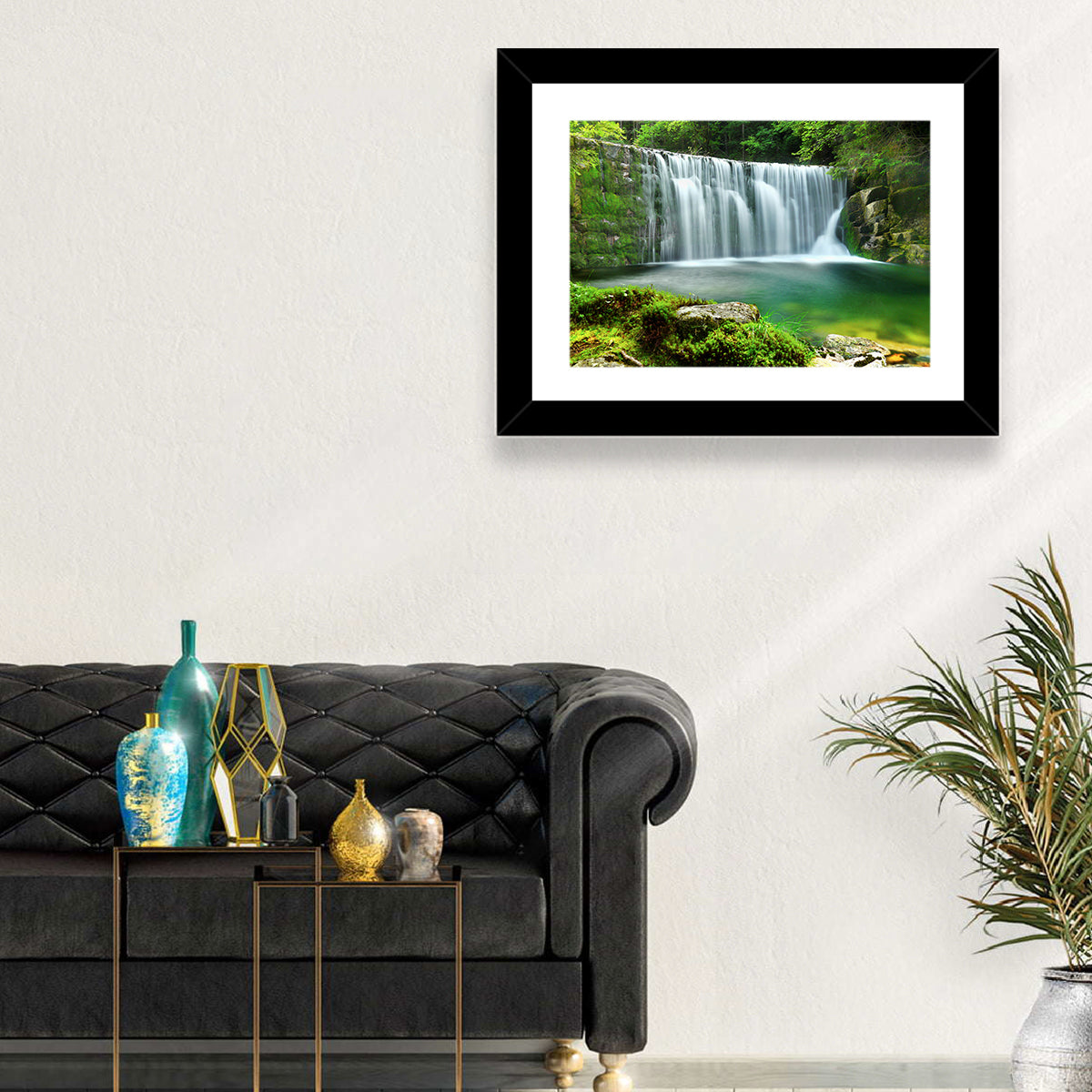 Emerald Forest Waterfall with Mossy Stones Wall Art