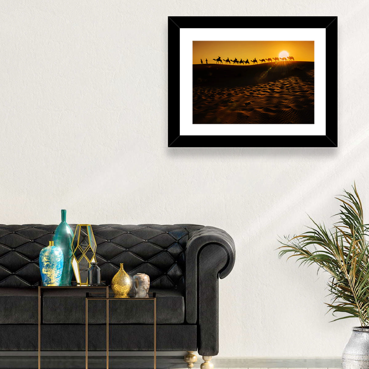 Camel Caravan Silhouette at Golden Sunset Wall Art