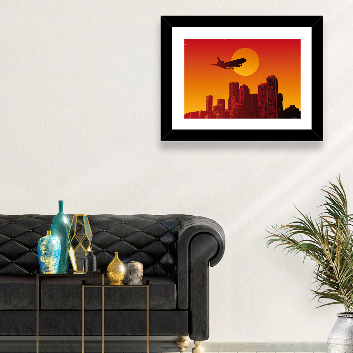 Tri Jet Sunset Skyline Wall Art in a room, landscape