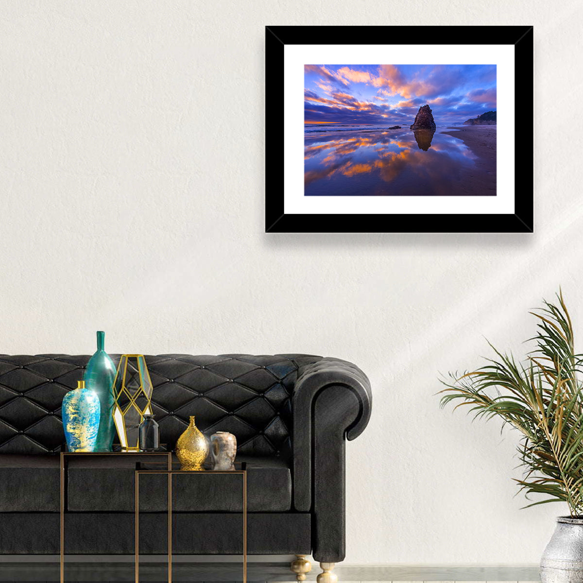 Oregon Coast Sea Stack Sunset Wall Art in a room, landscape