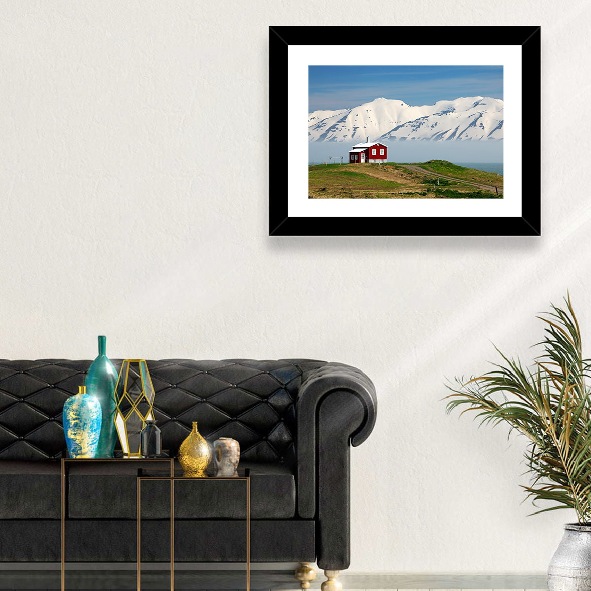 Red House by Fjord Wall Art in a room, landscape