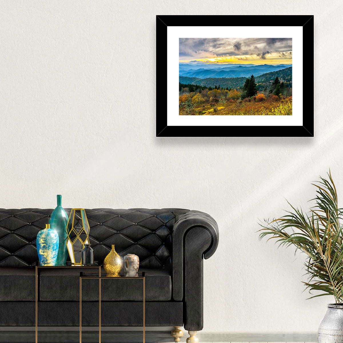 Cowee Mountains Sunset Wall Art in a room, landscape