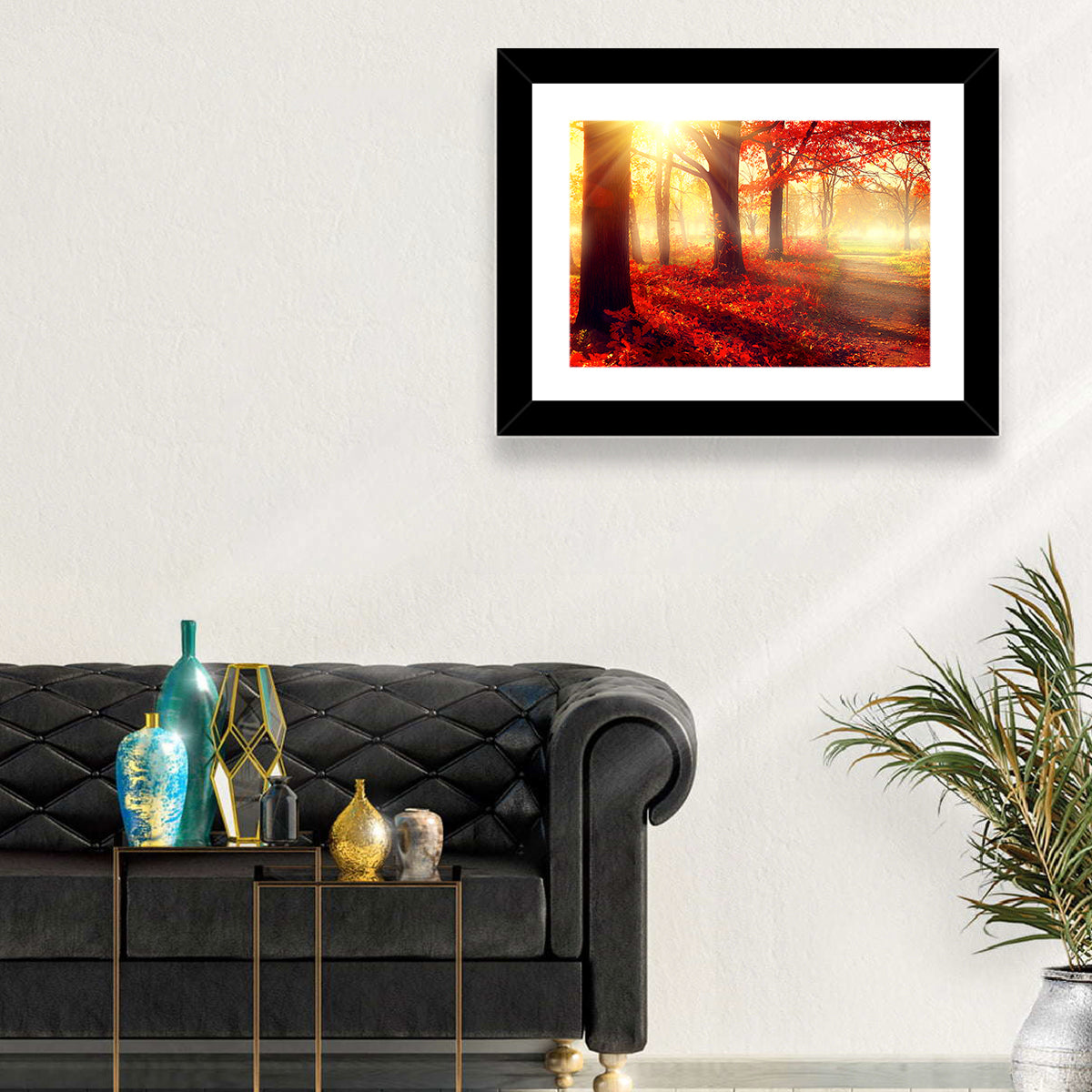 Sunlit Forest Path Wall Art in a room, landscape