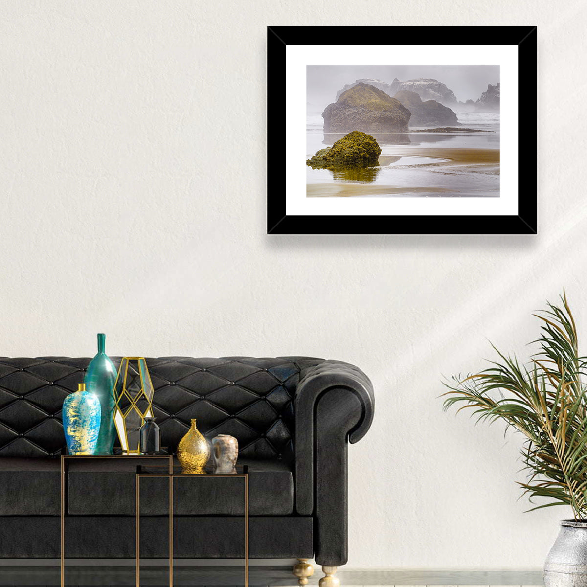 Misty Oregon Sea Stacks Wall Art in a room, landscape