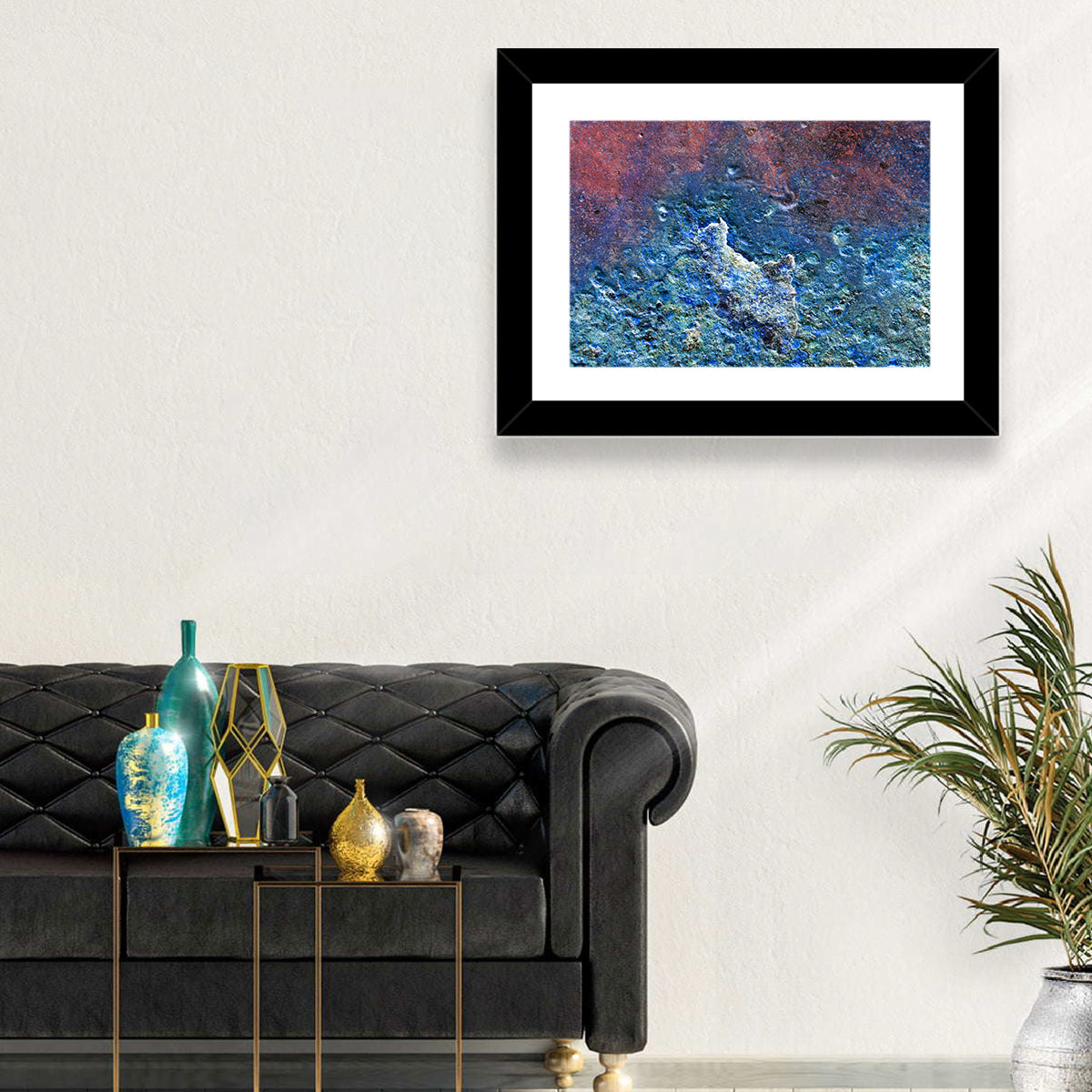 Weathered Metal Abstract Wall Art in a room, landscape