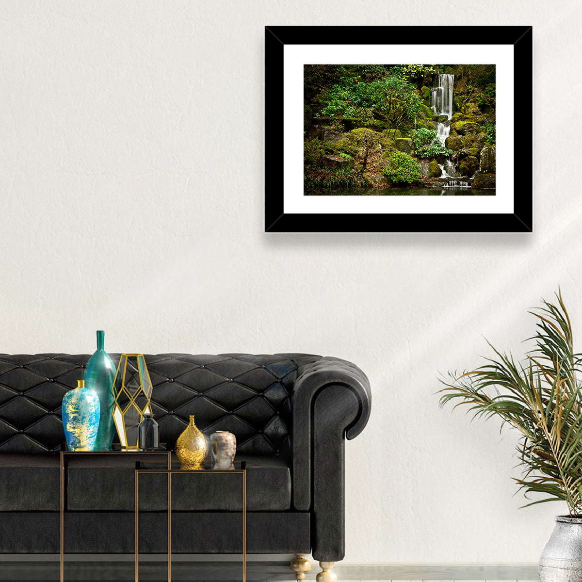 Secluded Mossy Waterfall Wall Art in a room, landscape