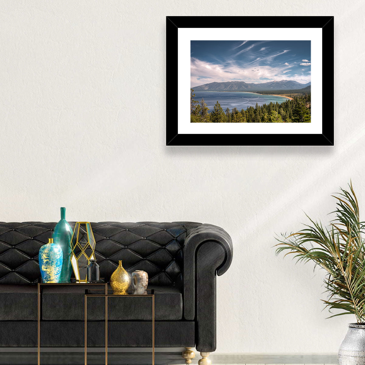 Pines Above a Blue Lake Wall Art in a room, landscape