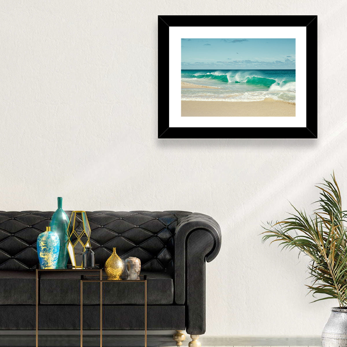 Turquoise Wave on Sandy Beach Wall Art in a room, landscape