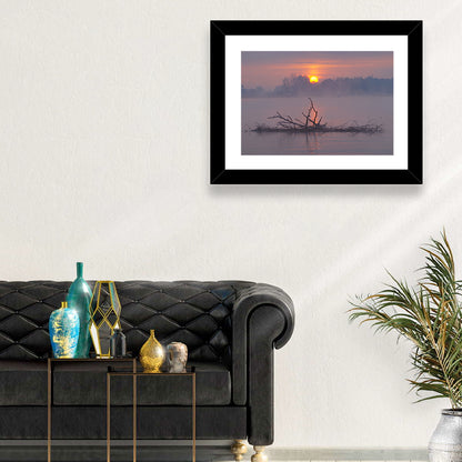 Misty Lake Sunrise with Fallen Tree Wall Art