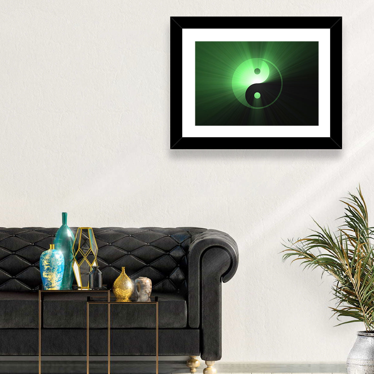 Green Glowing Yin Yang Wall Art in a room, landscape