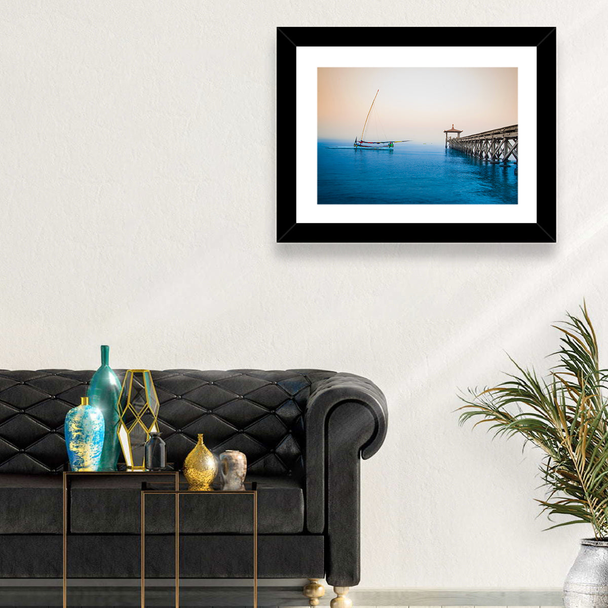 Outrigger Boat and Pier Wall Art in a room, landscape