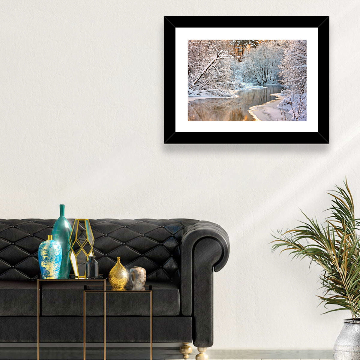 Snow-covered Stream at Golden Hour Wall Art in a room, landscape