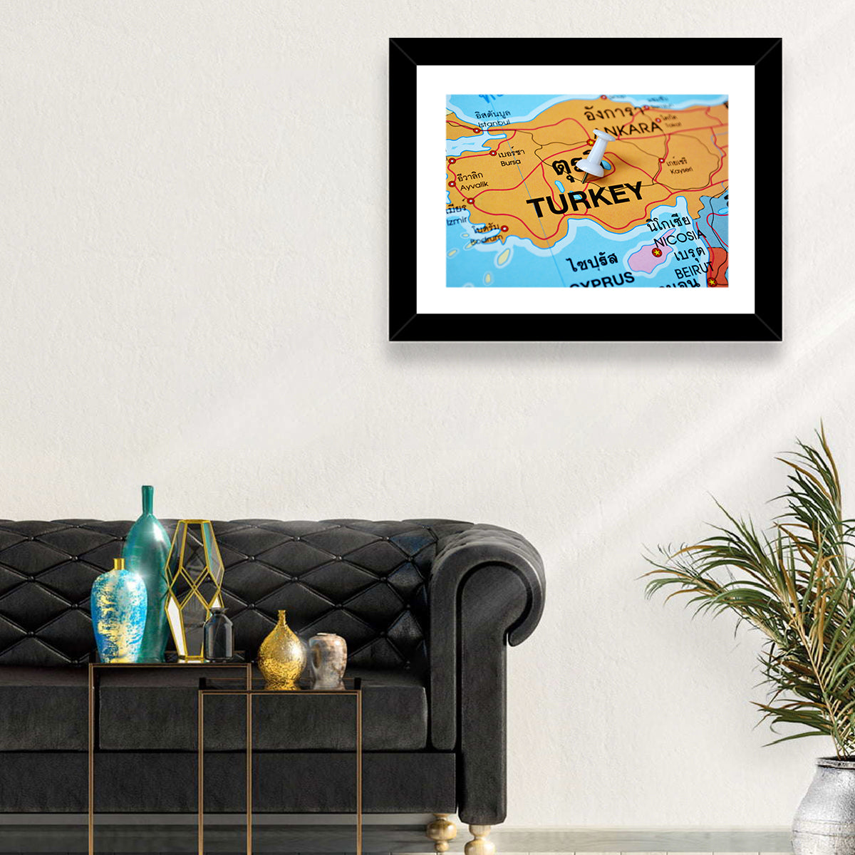 Turkey Map with Ankara Pin Wall Art in a room, landscape