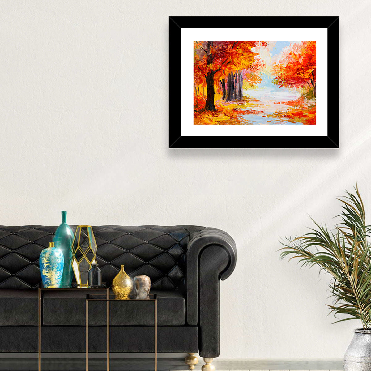 Autumn Forest Pathway Wall Art in a room, landscape