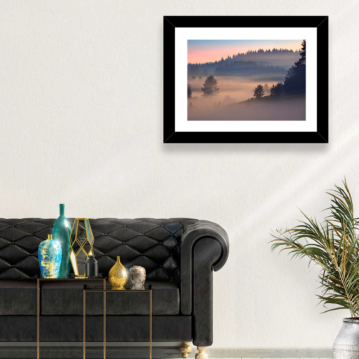 Misty Sunrise Forest Wall Art in a room, landscape