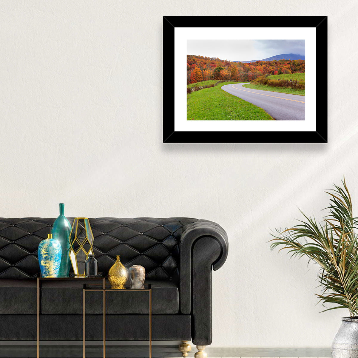 Curving Road Through Autumn Meadow Wall Art in a room, landscape