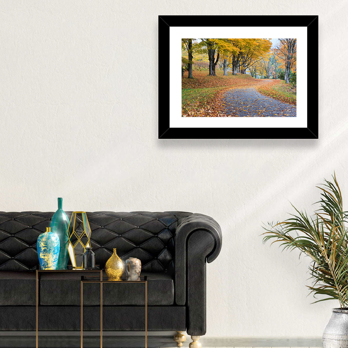 Autumn Road with Golden Canopy Wall Art in a room, landscape