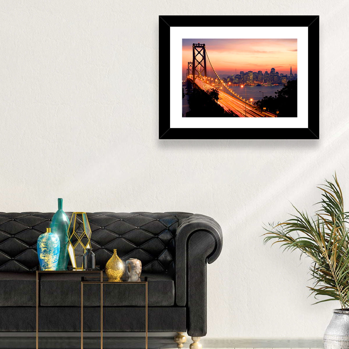 Bay Bridge Light Trails at Sunset Wall Art in a room, landscape