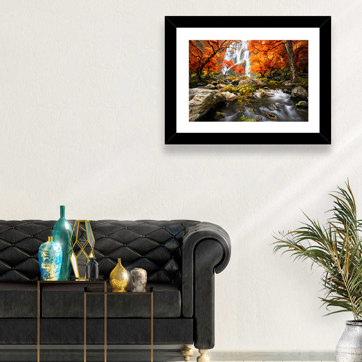 Autumn Forest Waterfall Wall Art in a room, landscape