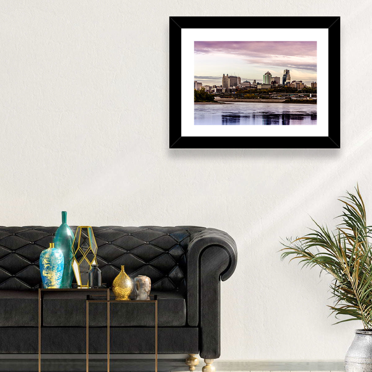 Kansas City Skyline at Dusk Wall Art in a room, landscape