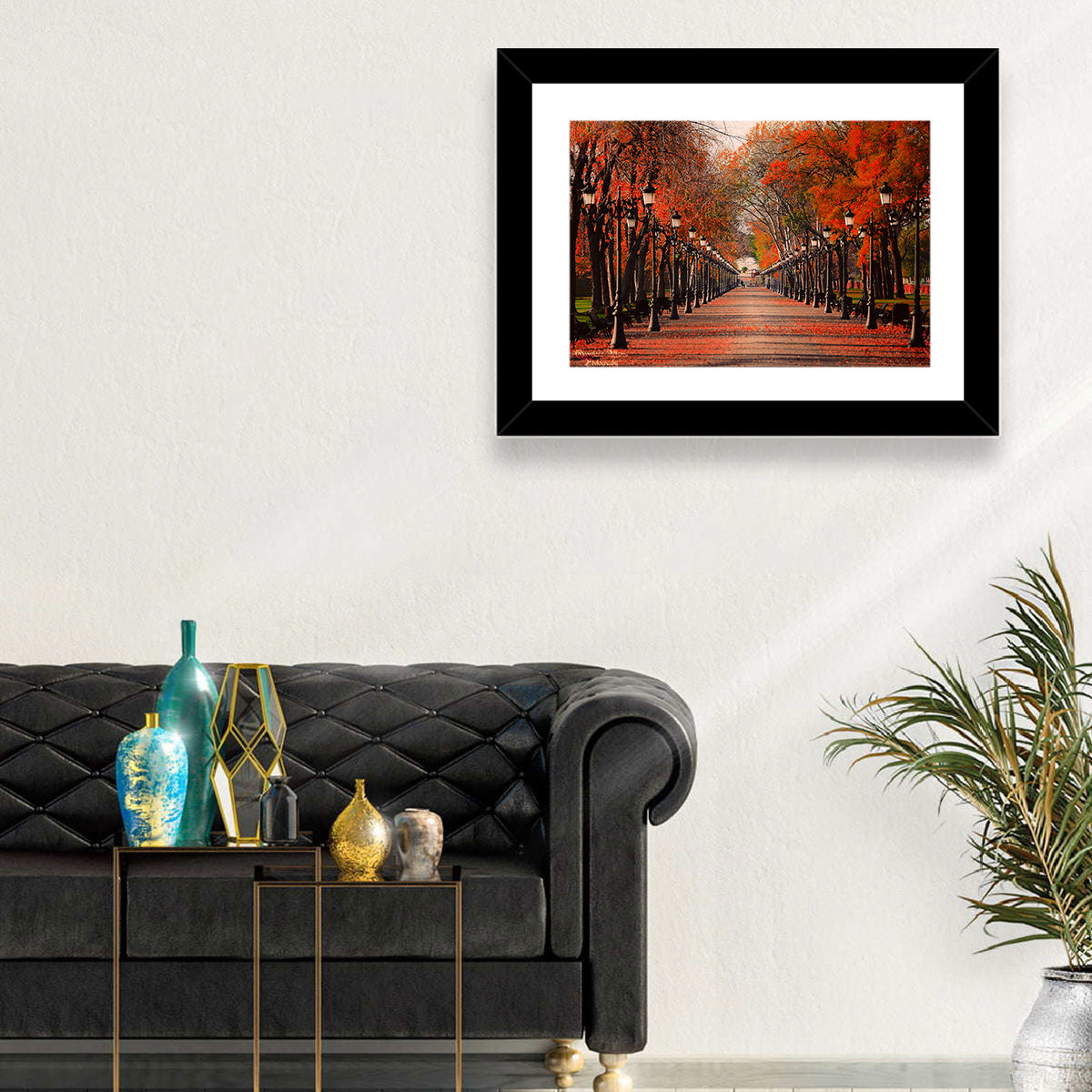 Autumn Park Path with Vintage Lampposts Wall Art in a room, landscape