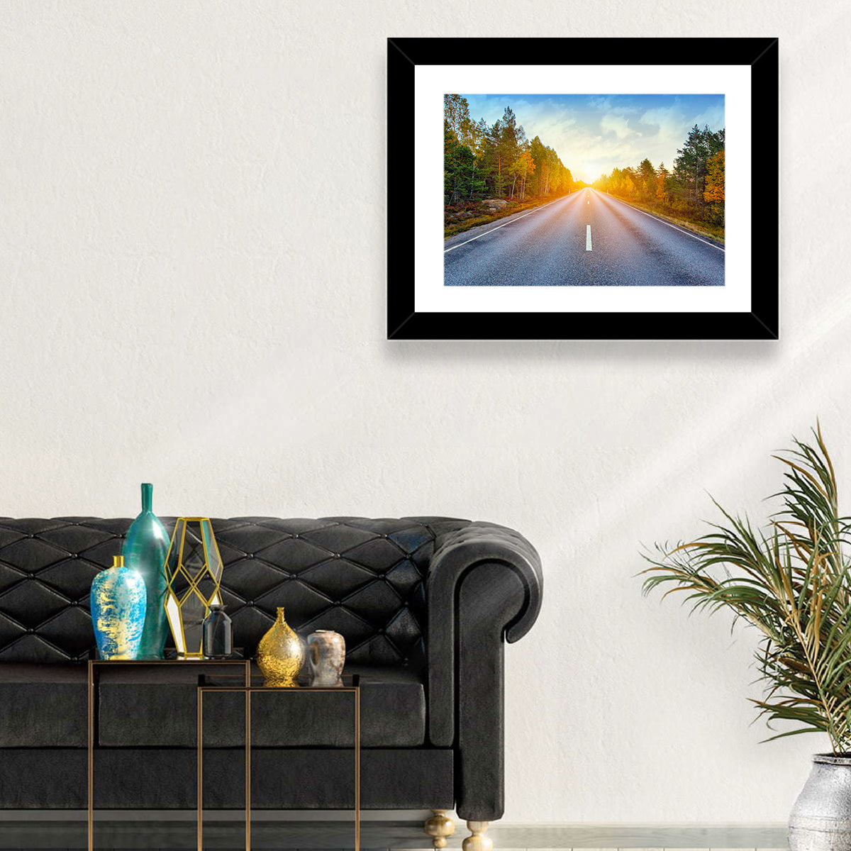 Sunlit Autumn Forest Road Wall Art