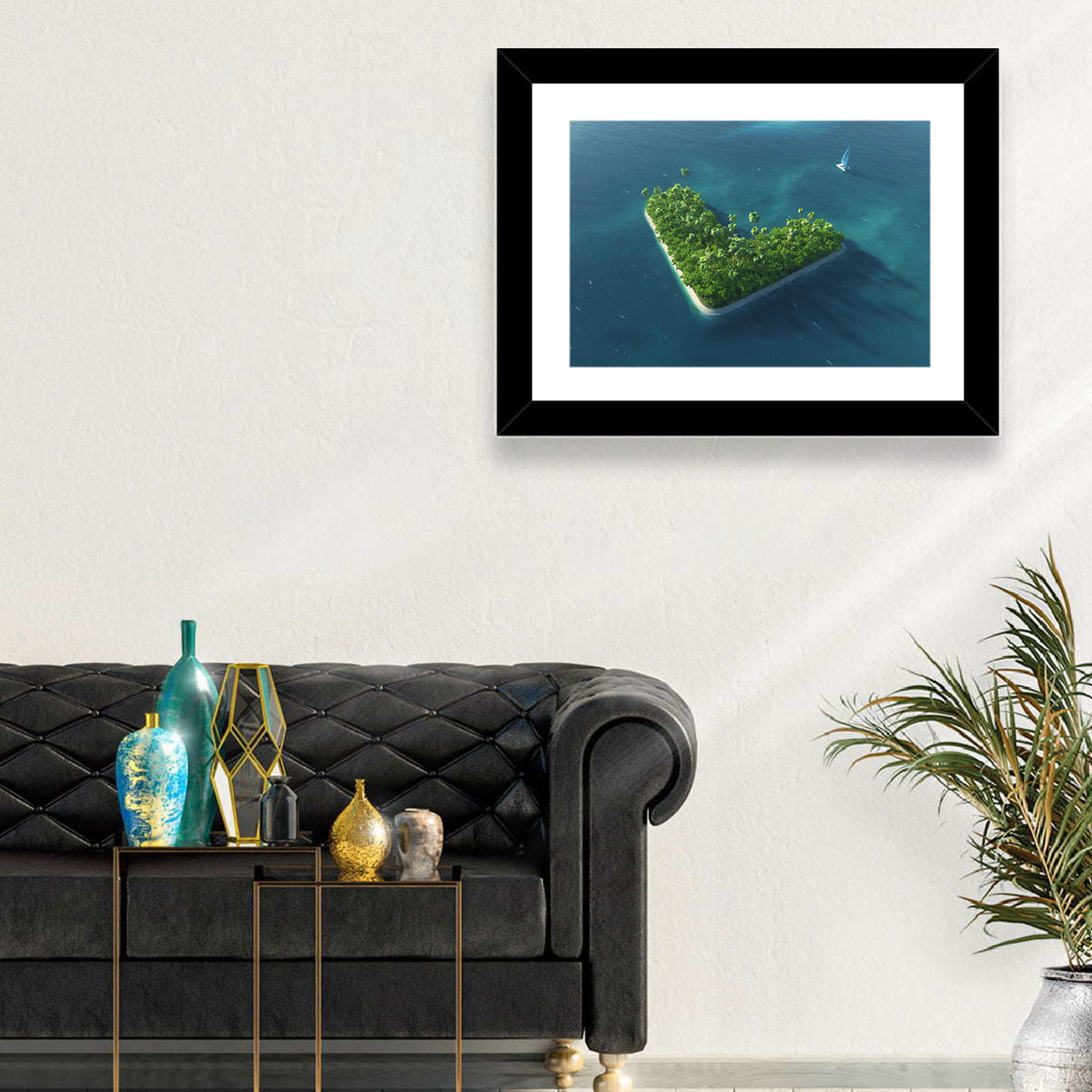 V-shaped Tropical Island with Distant Catamaran Wall Art