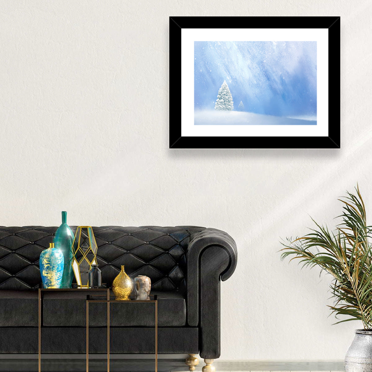 Two Snowy Evergreens Wall Art in a room, landscape