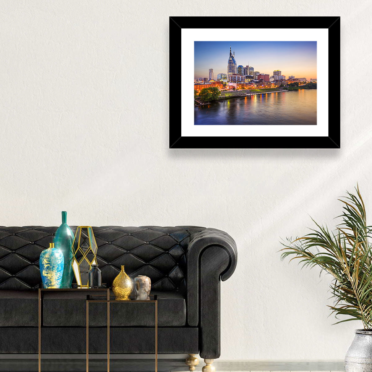 Nashville Skyline Over the Cumberland River Wall Art in a room, landscape
