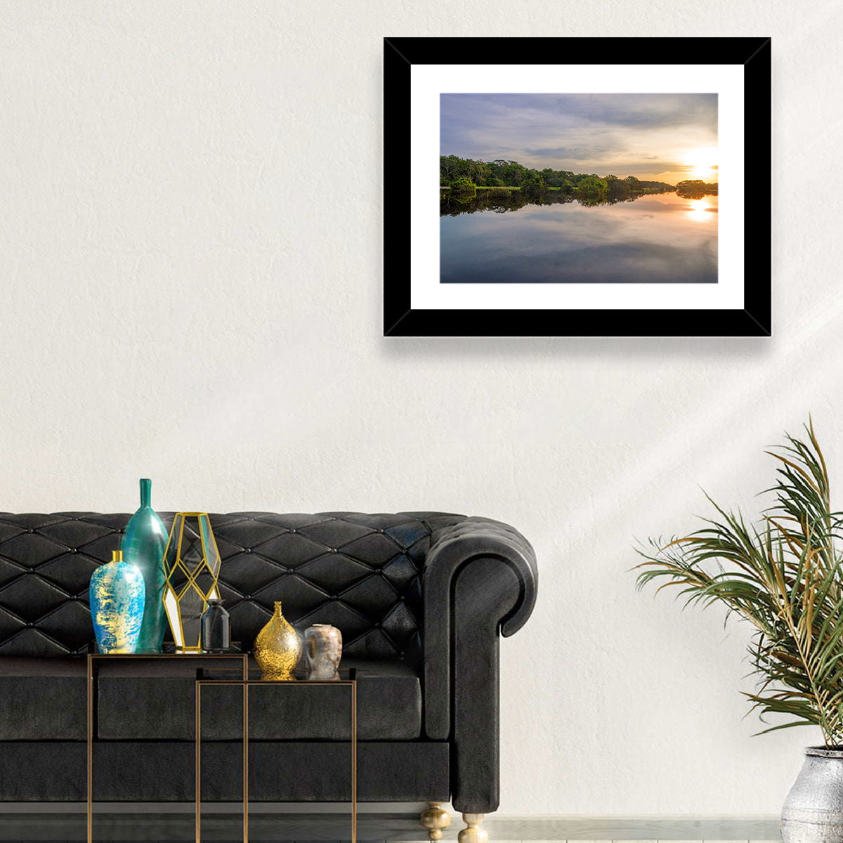 Amazon River Sunset Reflection Wall Art in a room, landscape