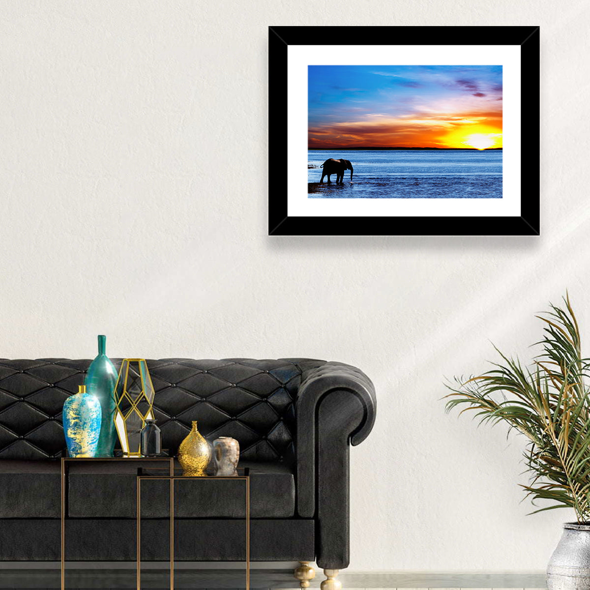 Elephant Silhouette at Beach Sunset Wall Art