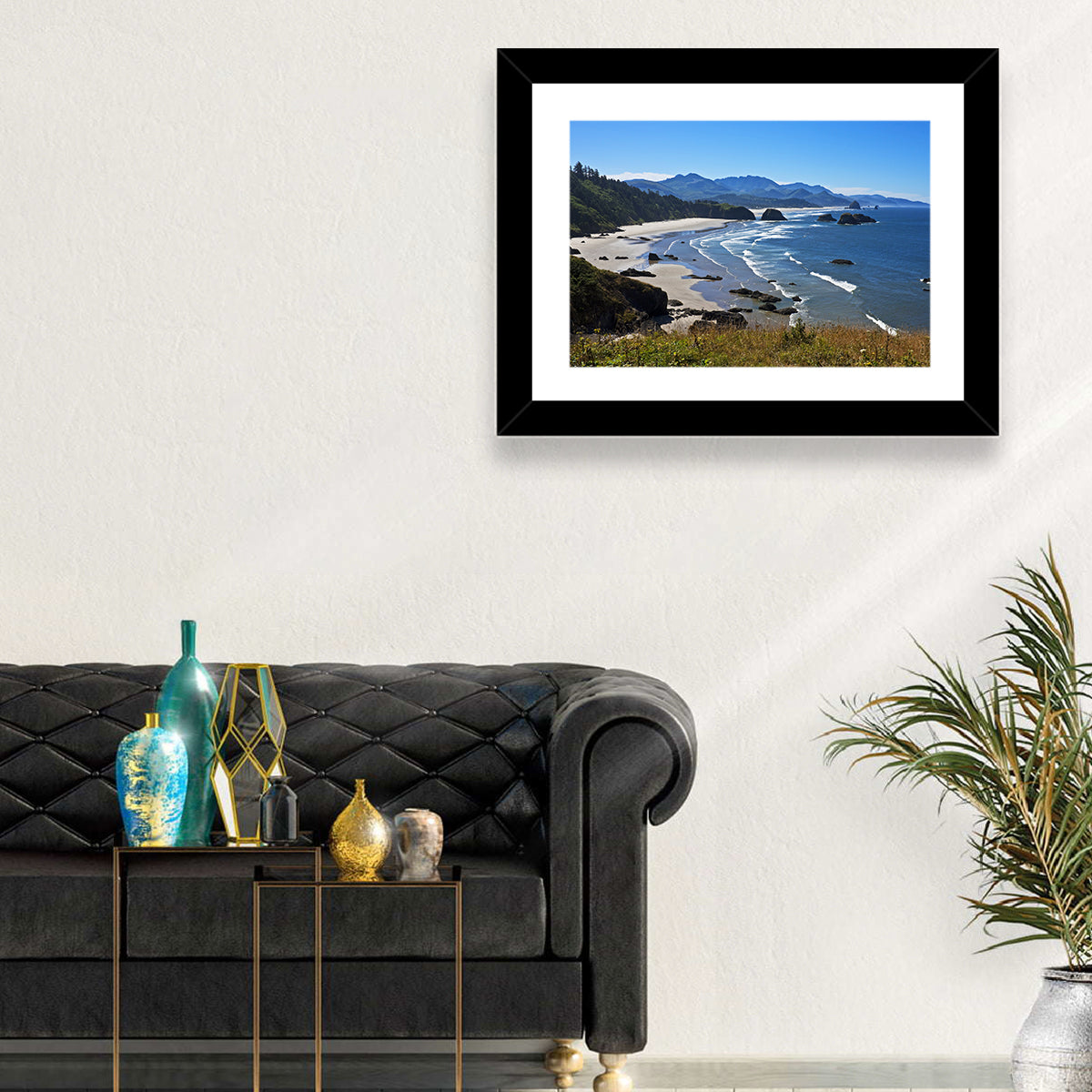 Cannon Beach Morning Shoreline Wall Art in a room, landscape